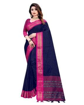 checked saree with contrast border and tassels