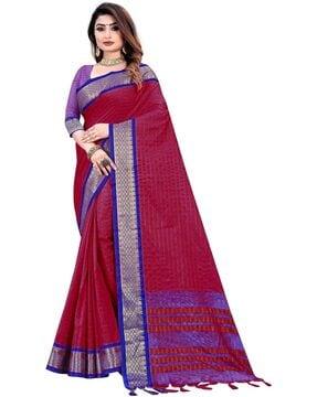 checked saree with contrast border and tassels