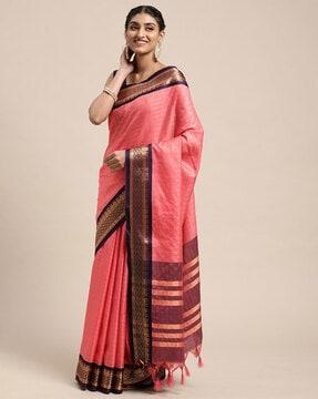 checked saree with contrast border and tassels