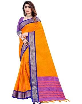 checked saree with contrast border and tassels