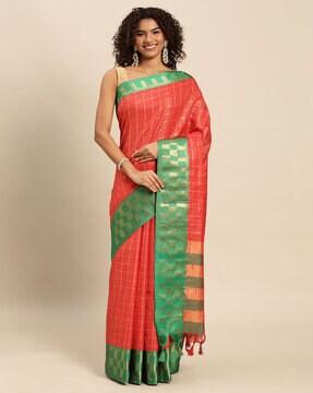 checked saree with contrast border