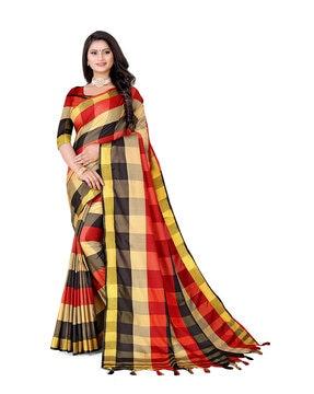 checked saree with tassels