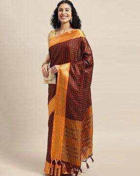 checked saree with tassels