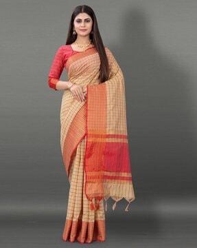 checked saree with tassels