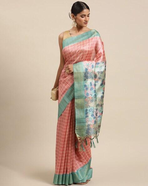 checked saree with tassels