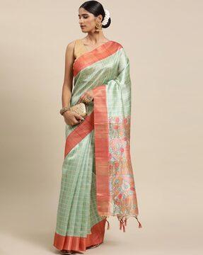 checked saree with tassels