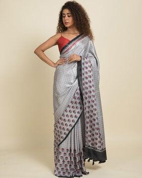 checked saree with tassels