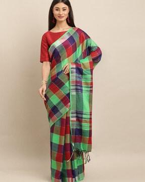 checked saree with tassels