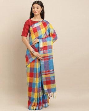 checked saree with tassels