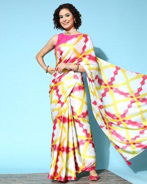 checked satin saree with tassels