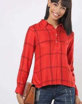 checked semi fit shirt with spread collar