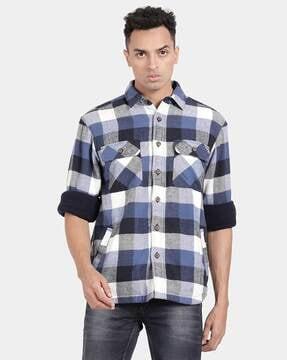 checked shacket with cutaway collar