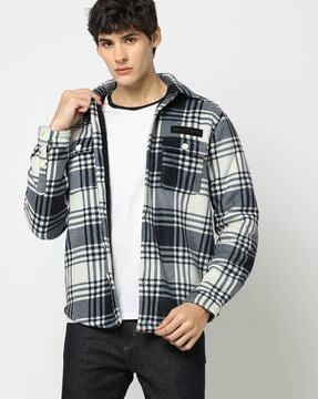 checked shacket with flap pockets