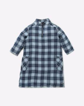 checked shift dress with band collar