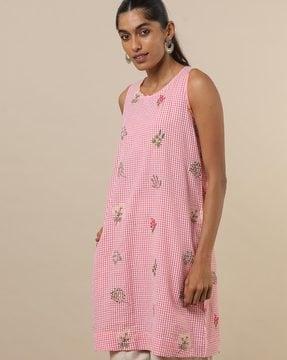 checked shift dress with floral embroidery