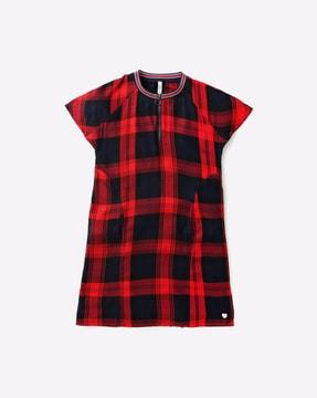 checked shift dress with half-zip closure