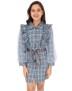 checked shift dress with waist tie-up