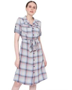 checked shirt dress with collar-neck