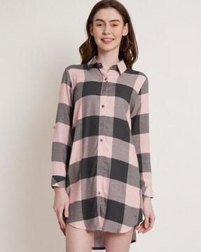checked shirt dress with curved hem