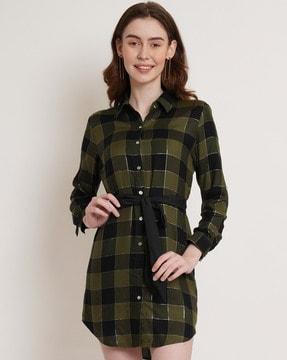 checked shirt dress with tie-up waist