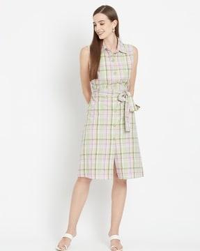 checked shirt dress with waist tie-up