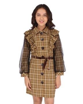 checked shirt styled dress with waist tie-up