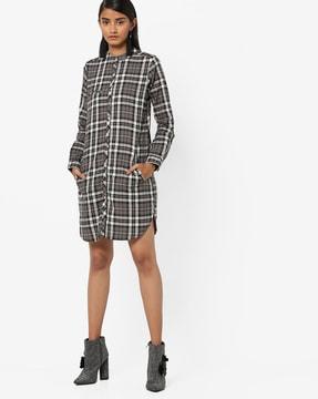 checked shirt tunic with welt pocket