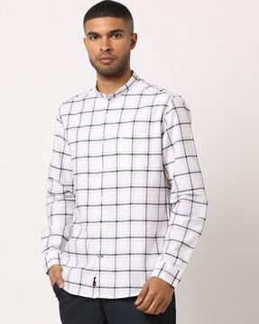 checked shirt with band collar