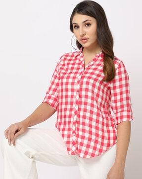 checked shirt with curved hemline