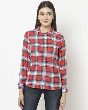 checked shirt with curved hemline