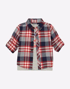 checked shirt with printed t-shirt