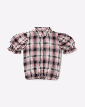 checked shirt with puff sleeves