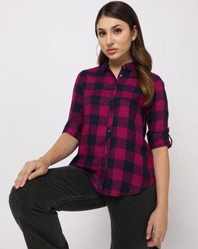 checked shirt with roll-up tabs