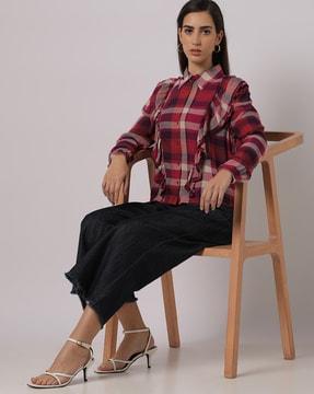 checked shirt with ruffle accent
