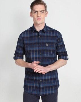 checked shirt with spread collar