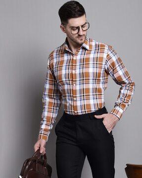 checked shirt with spread collar