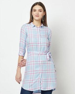 checked shirt with waist tie-up