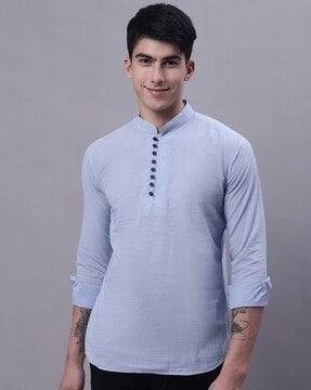 checked short kurta with mandarin collar