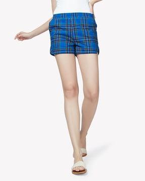 checked shorts with curved hem