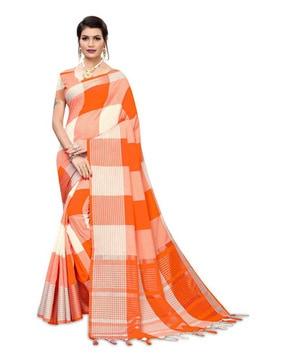 checked silk saree with tassels