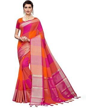 checked silk saree with tassels