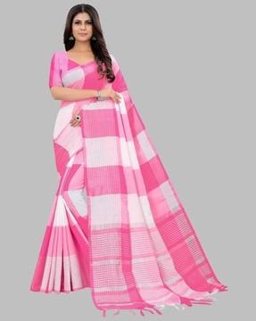 checked silk saree with tassels