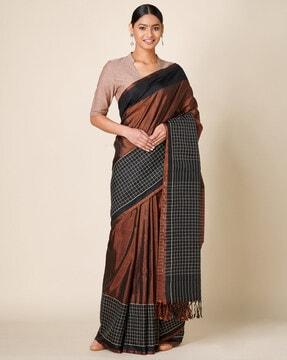 checked silk saree with tassels