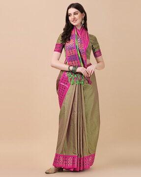 checked silk saree with tassels