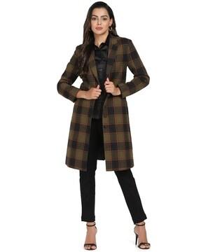 checked single-breasted longline coat