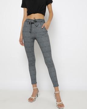 checked skinny fit paperbag pants