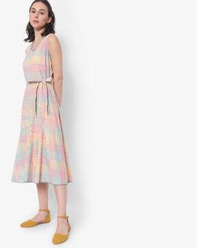 checked sleeveless fit & flare dress with waist tie-up