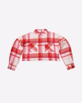 checked slim cropped shirt top with patch pockets