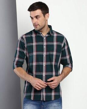 checked slim fit cotton shirt