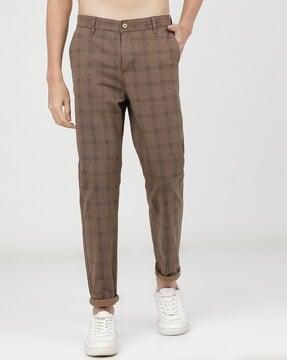 checked slim fit flat-front chino trousers